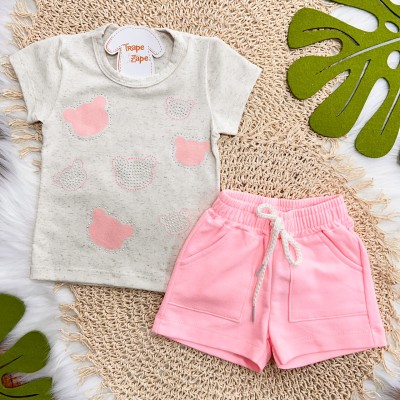 Conj. Blusa em Linho Ursinhas Rosas e Short - Areia